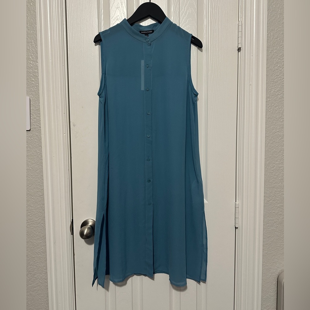 NWT Eileen Fisher River Sheer Silk Georgette Mandarin Collar Shirt